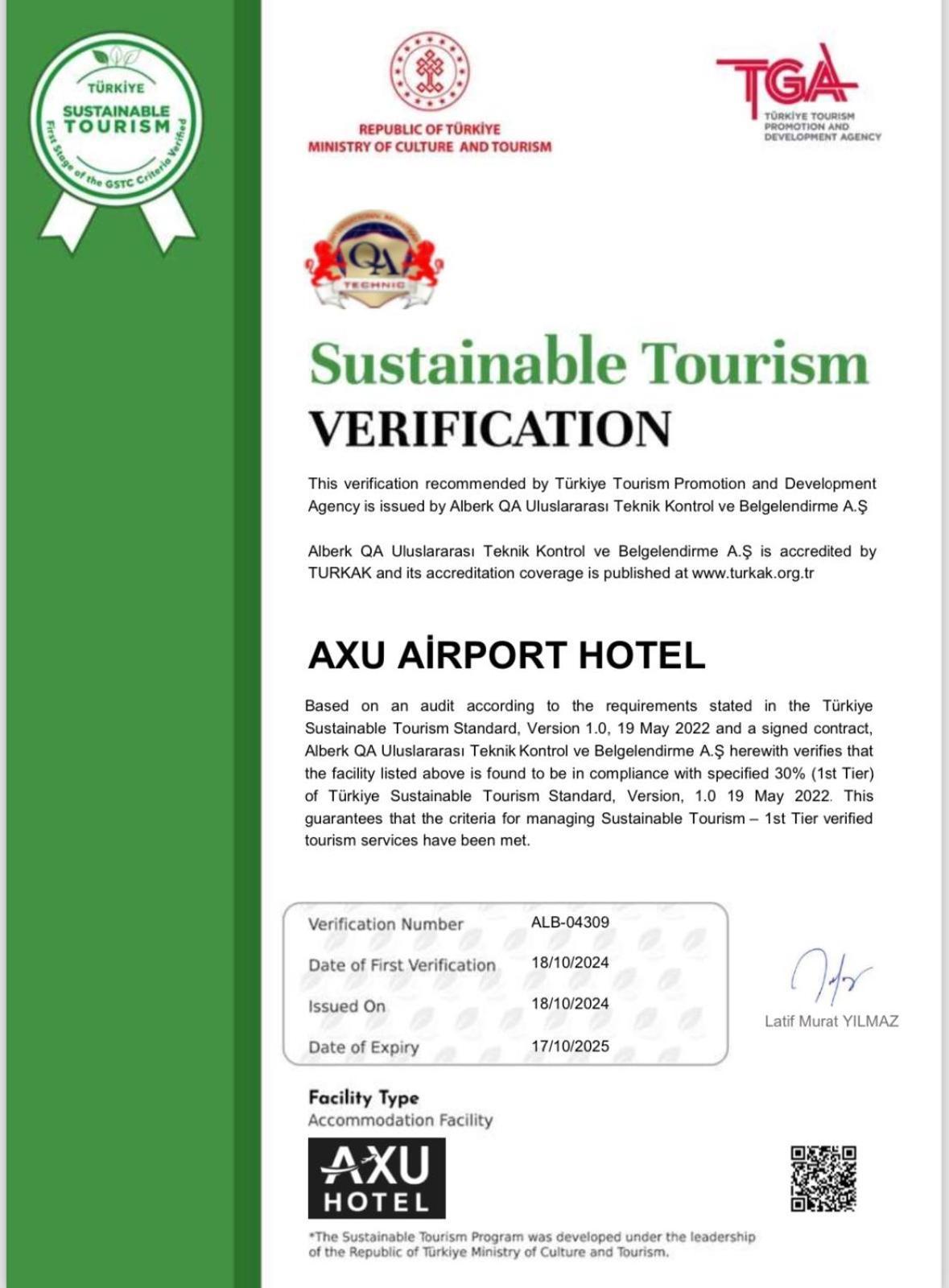 Axu Airport Hotel Arnavutkoy Экстерьер фото A certificate of the TURQA